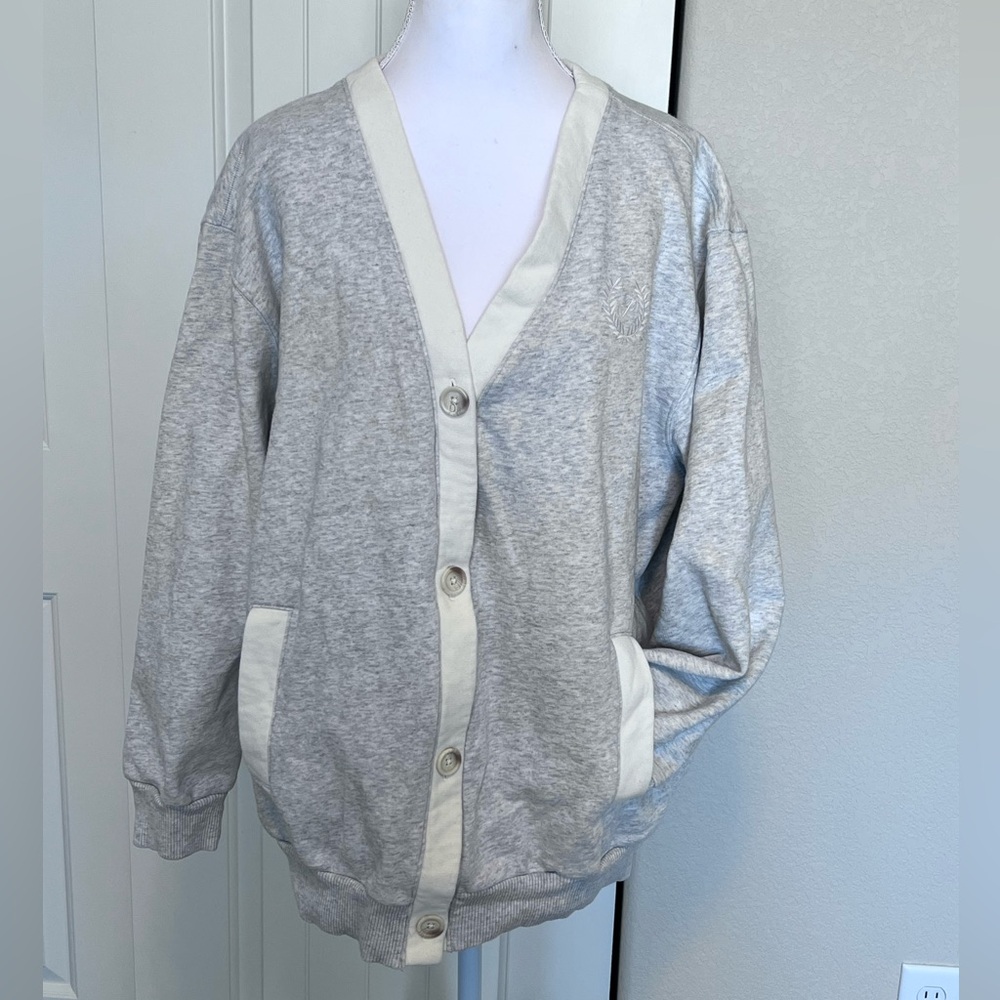 PINK Victoria's Secret Gray Boyfriend Button up Fleece Cardigan Pockets Sz Large
